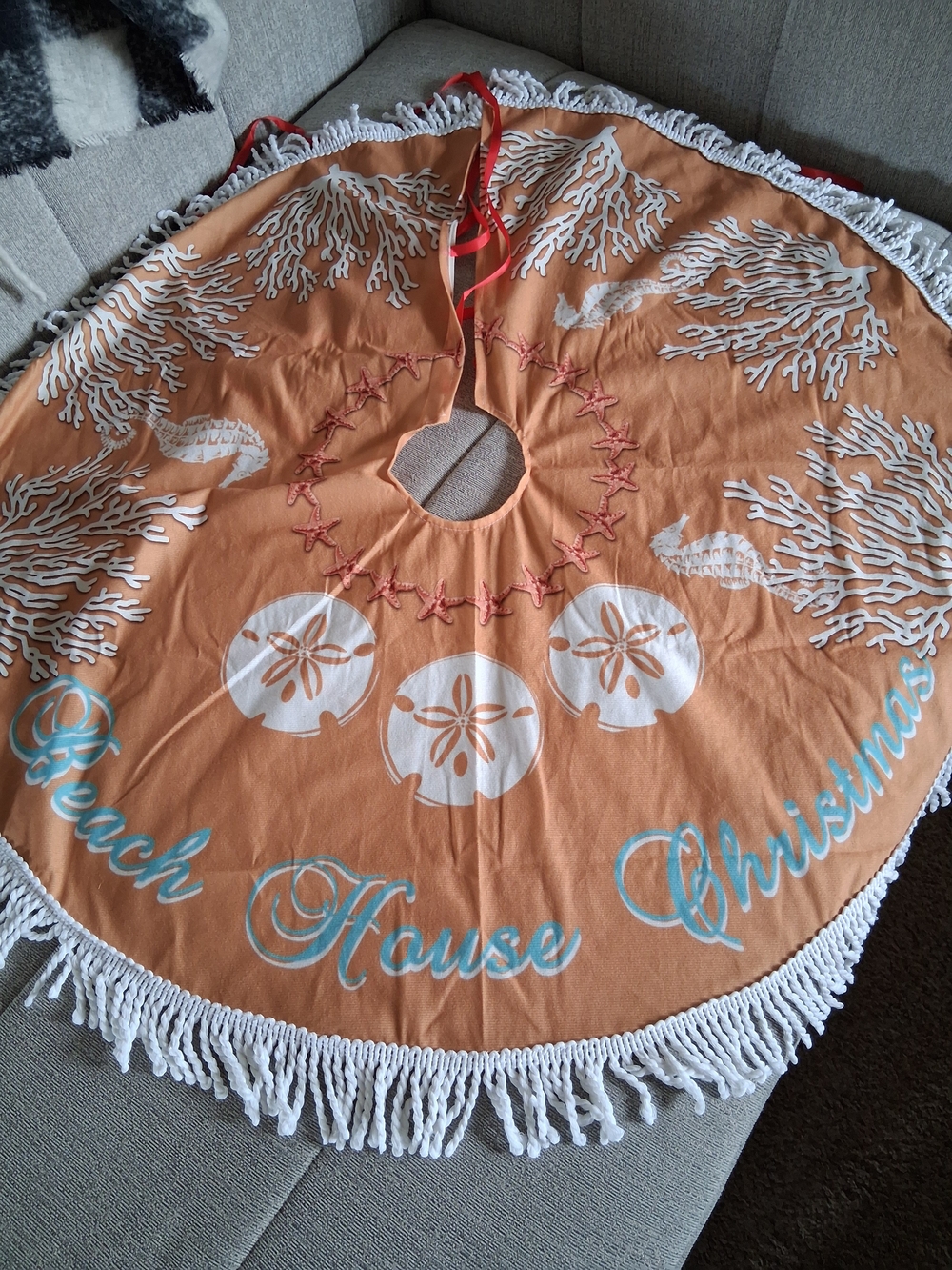 Beach House Christmas Tree Skirt - Large with White Fringe Coastal